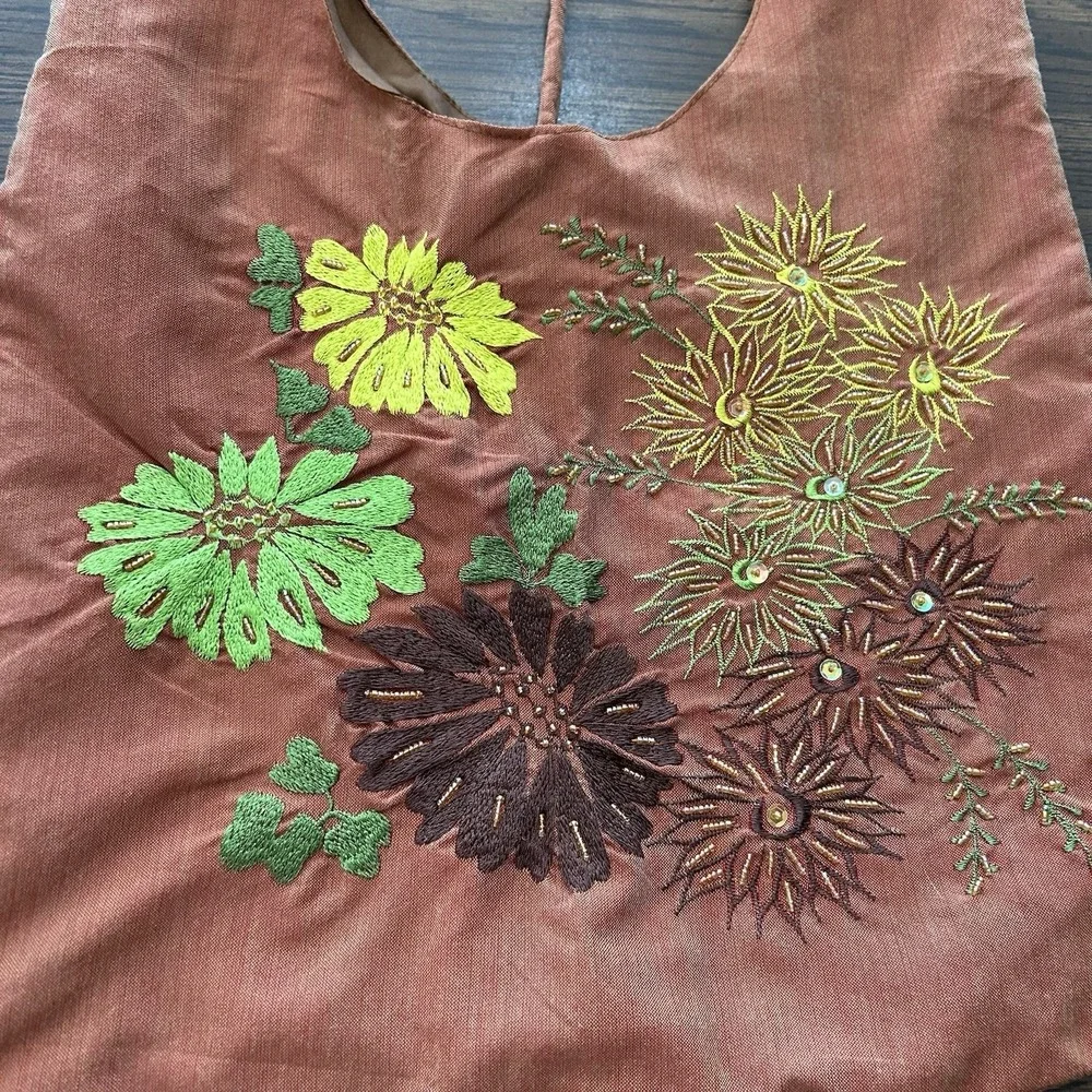 Handmade Beaded Boho Embroidered Hobo Bag‎ Terracotta Tote Floral 70's Vibe